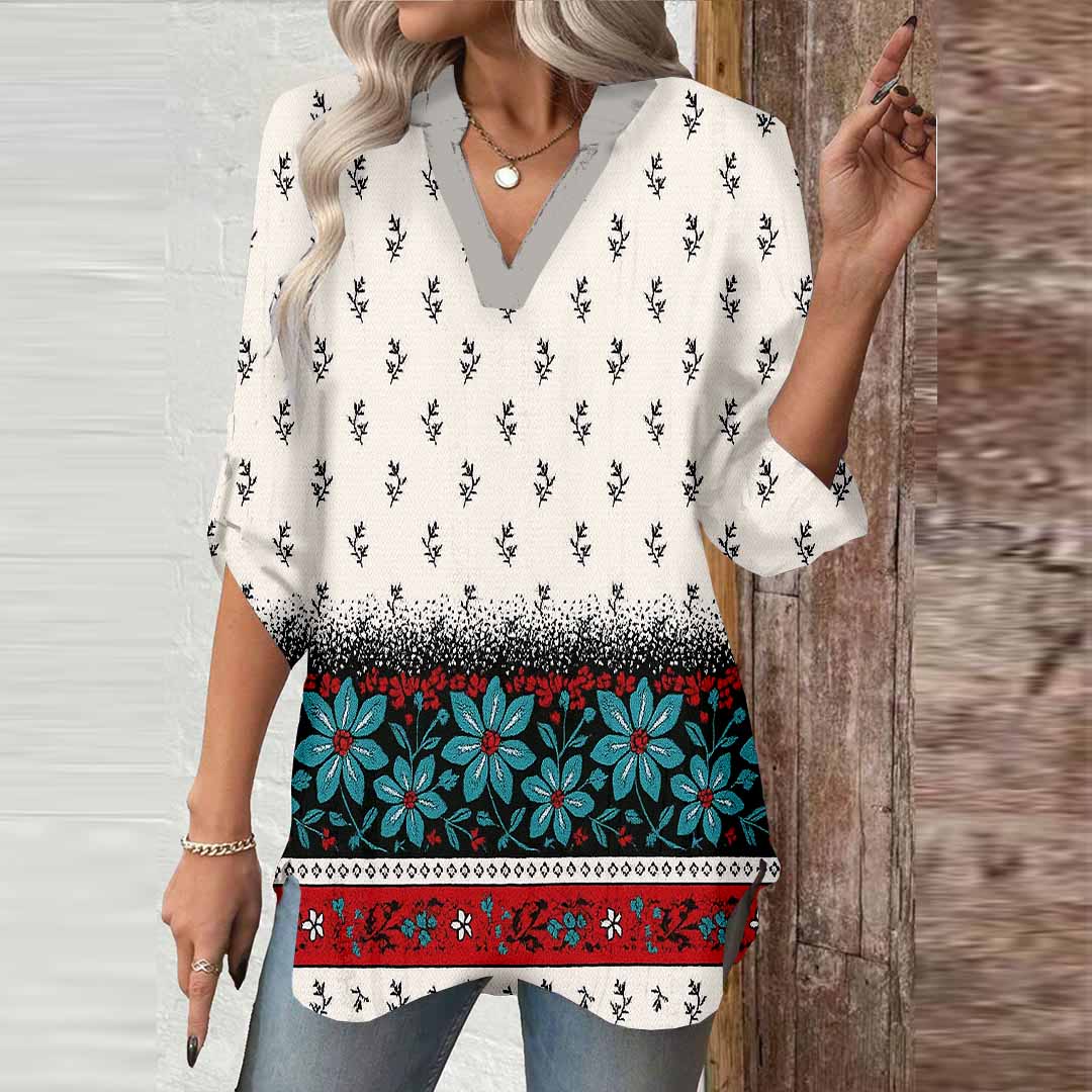 Women Bohemian,Blue,Red DZGA0294 3/4 Sleeve V-neck Printed Graphic Button Tops