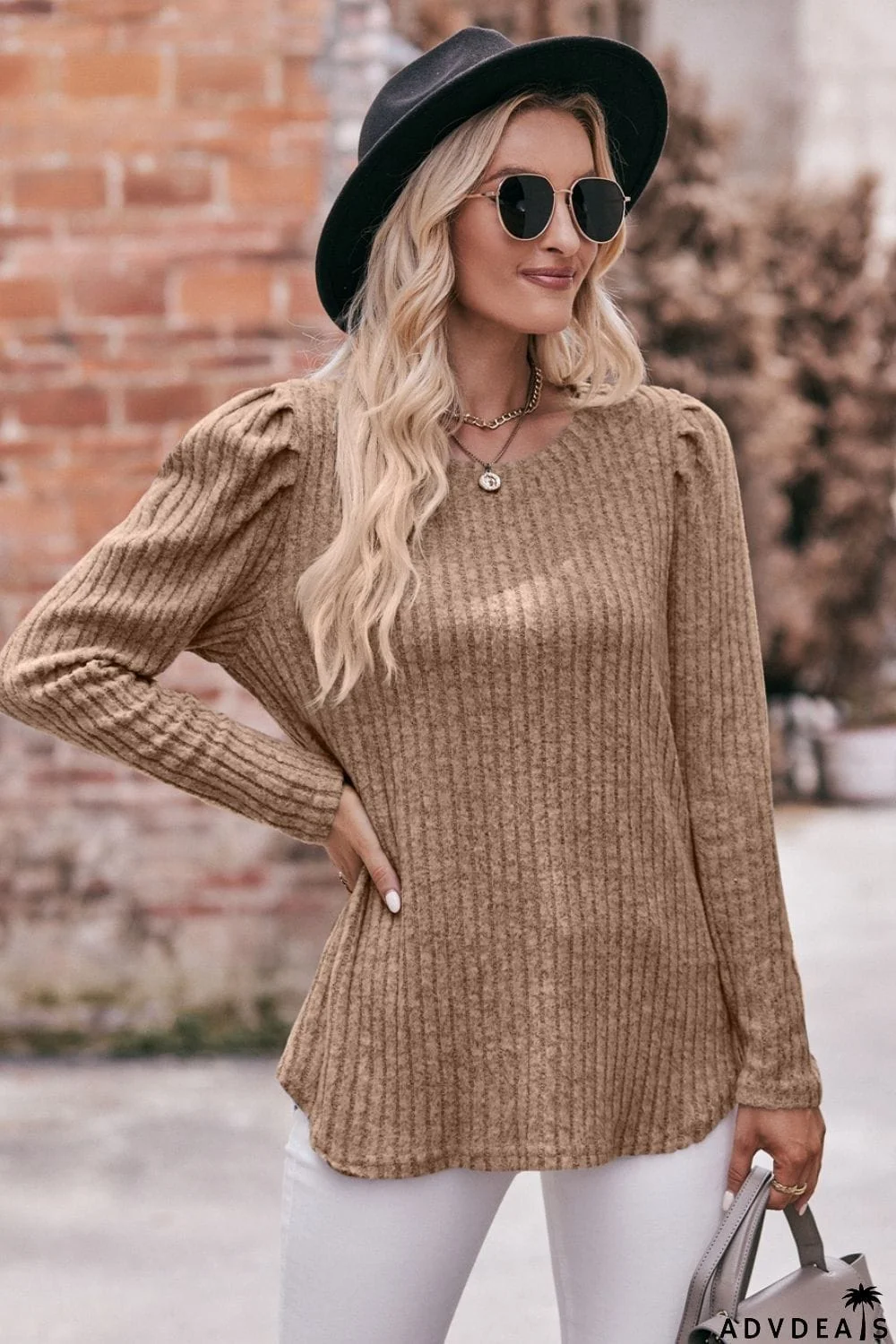 Double Take Round Neck Puff Sleeve Ribbed Top