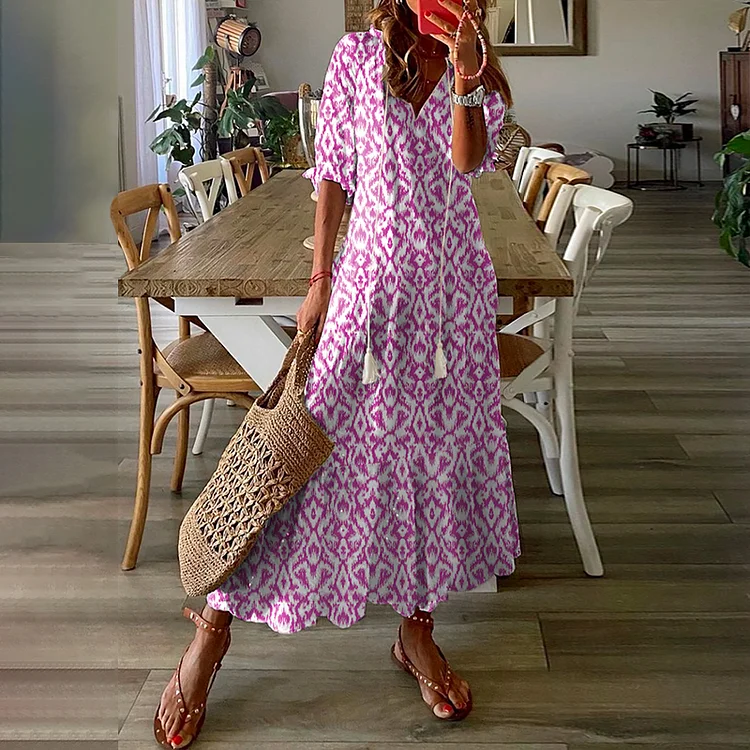 VChics Women'S Half Sleeve Floral Print  V Neck Casual Geometric Maxi Dress