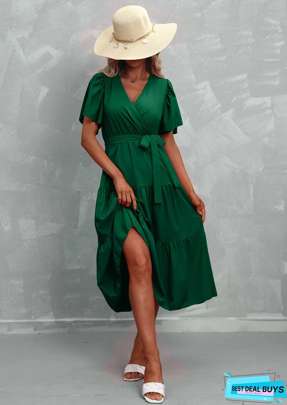 Women's Solid Color V-neck Short Sleeve Dress