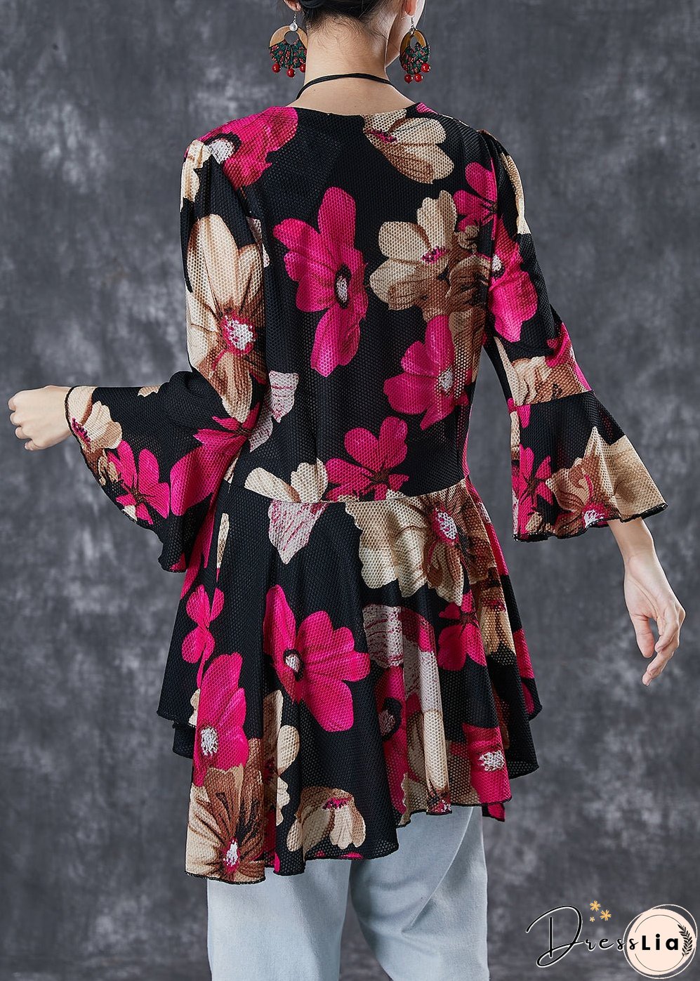 Stylish Red Print Asymmetrical Design Tulle Blouses Flare Sleeve