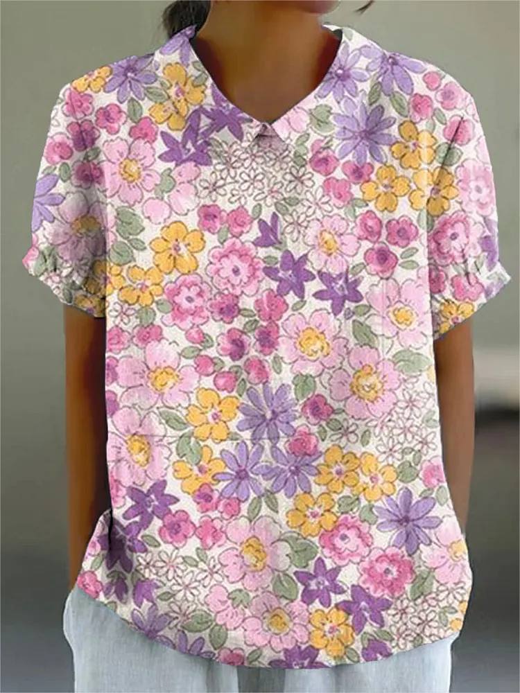 Women's Artistic Creative Flowers Lines Print Casual Cotton And Linen Shirt