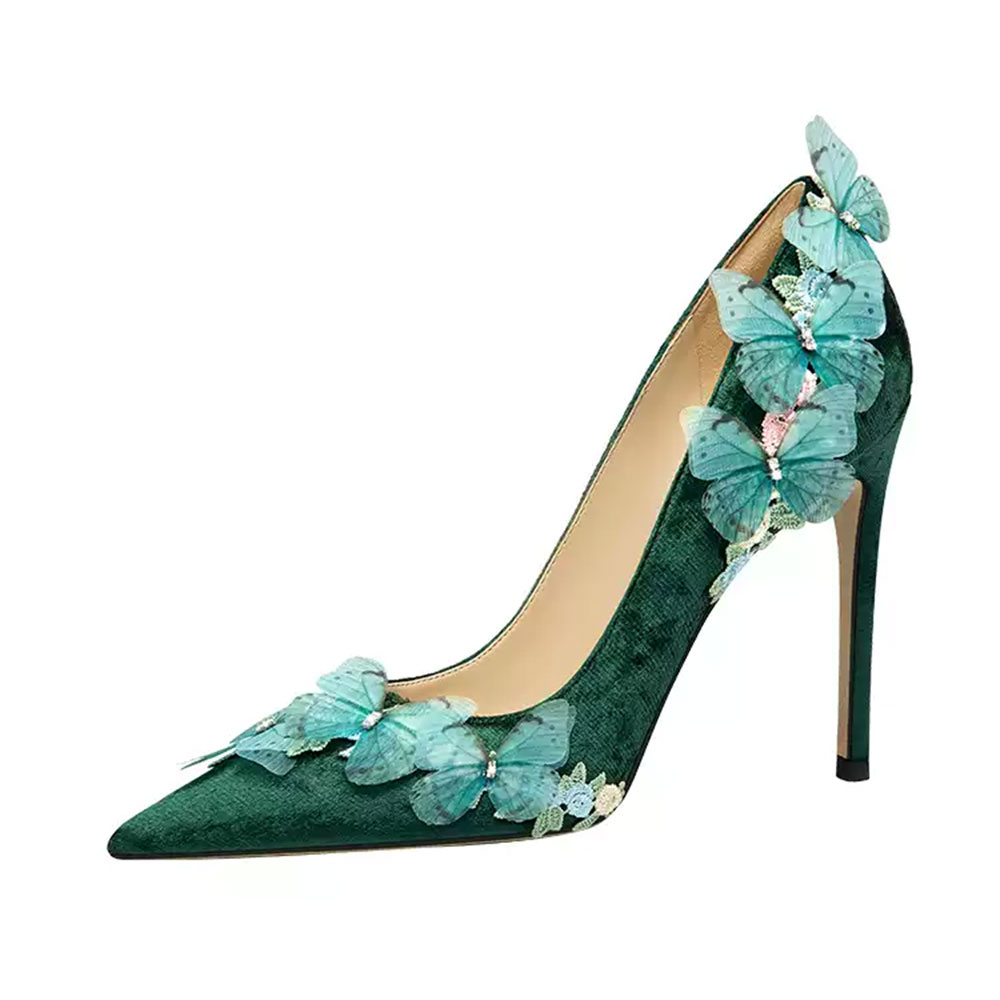 Velvet Pointed Toe Stiletto Heel Green Pumps Heels with Butterfly Nicepairs