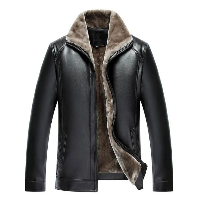 Men's Pu Leather Jacket Mens Brand Clothing Thermal Outerwear Winter Fur Male Fleece Leather Down Jackets Coats