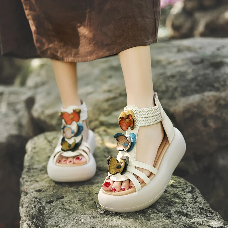 Yyvonne Layer Of Cow Skin Art Retro Sandals Women 2025 Summer New Bump Flower Cake Thick Bottom Roman Sandals