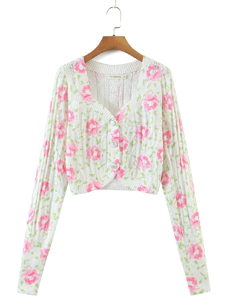 Nncharge Autumn Retro Tie-dye Flower Print Cropped Cardigan Woman V neck Puff Long Sleeve Knitted Sweater Knitwear Jumper