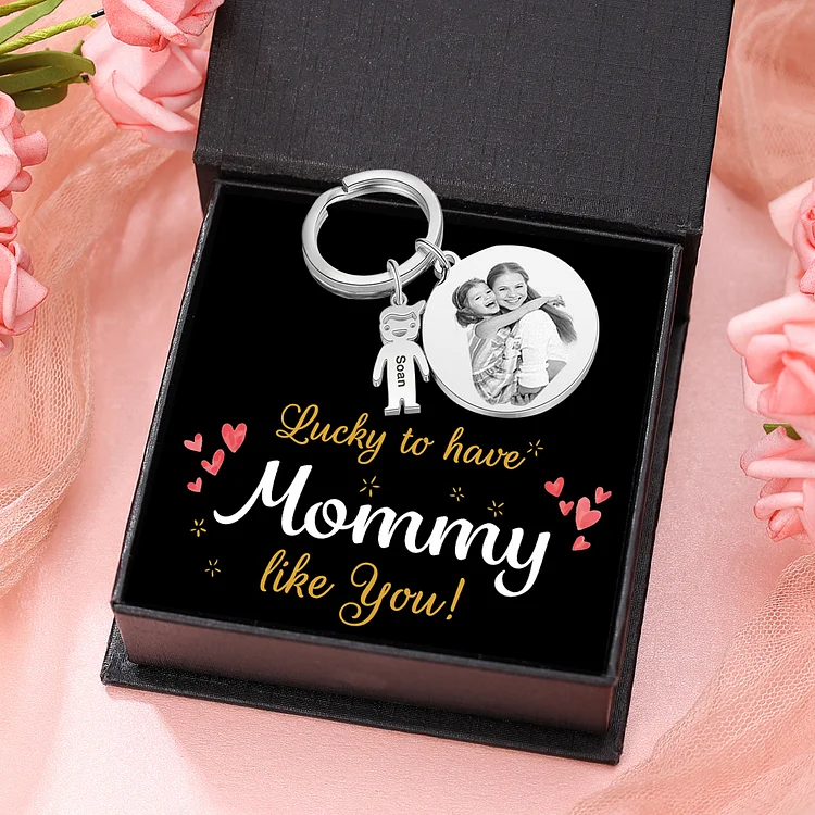 1 Name - Personalized Photo Keychain with Kid Charm Custom Text Keyring Gifts for Father/Mother