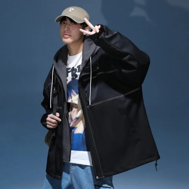 Aonga - Mens College Style Windbreaker Coat 2023 Spring&Autumn Casual Loose Retro All-match Hooded Outwear Male Trend Streetwear Jacket