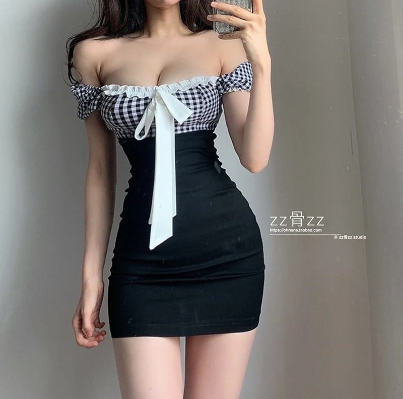 WOMENGAGA Summer Tops New French Korean Square Collar Puff Sleeve Lace Girlish Plaid Fake Two T Shirt Mini Dress Dresses 88KP