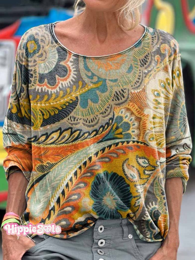 Women&rsquo;s Vintage Bohemian Ethnic Floral Art Casual Linen V-Neck Shirt Crew Neck Top / S