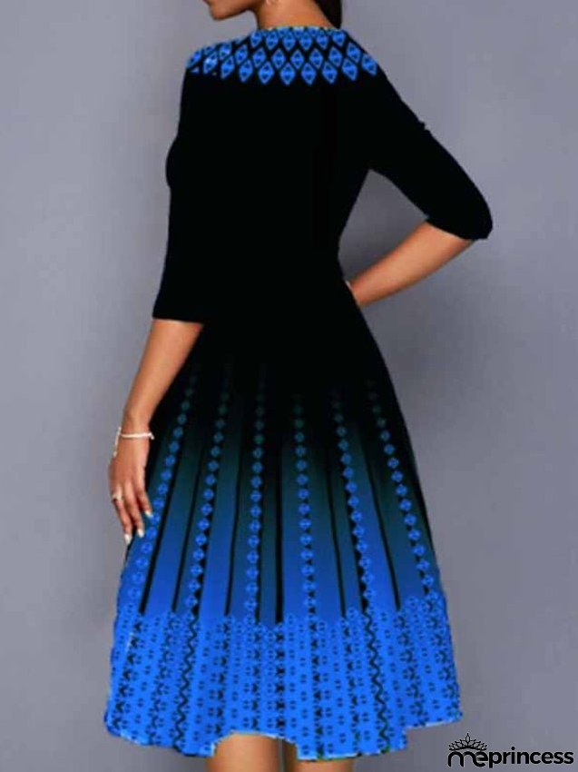 Work Dress Swing Dress Church Dress Midi Dress Red Royal Blue Blue 3/4 Length Sleeve Print Print Summer Spring Crew Neck Elegant S M L XL XXL 3XL 4XL 5XL for Women