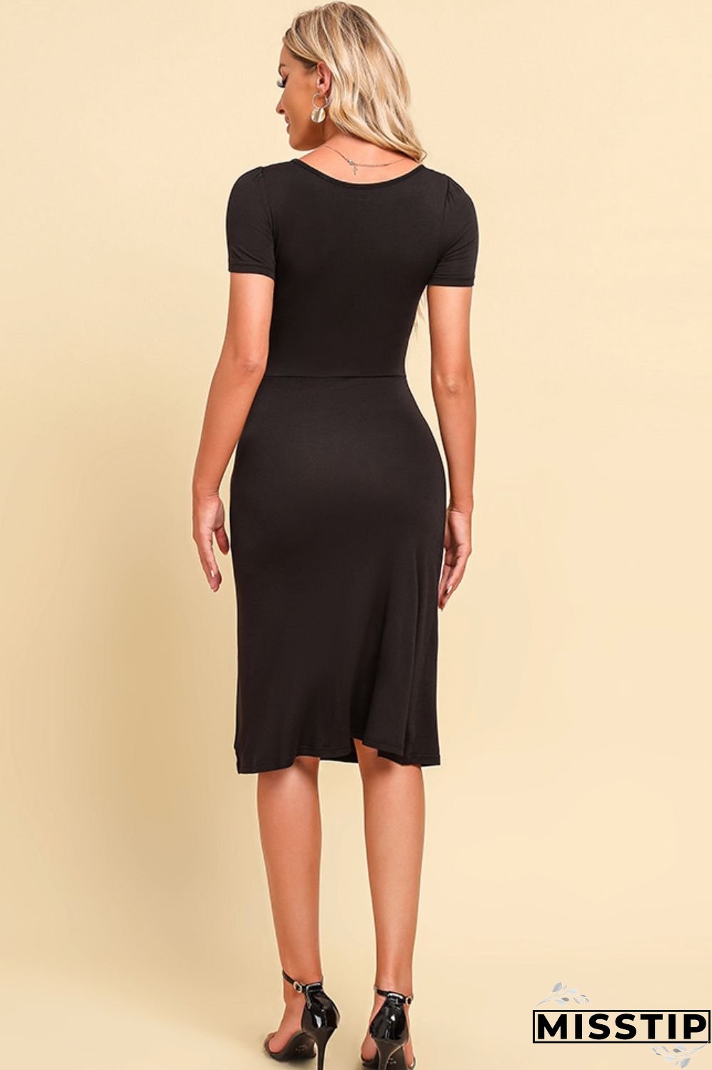 Ruched Sweetheart Neck Short Sleeve Slit Dress