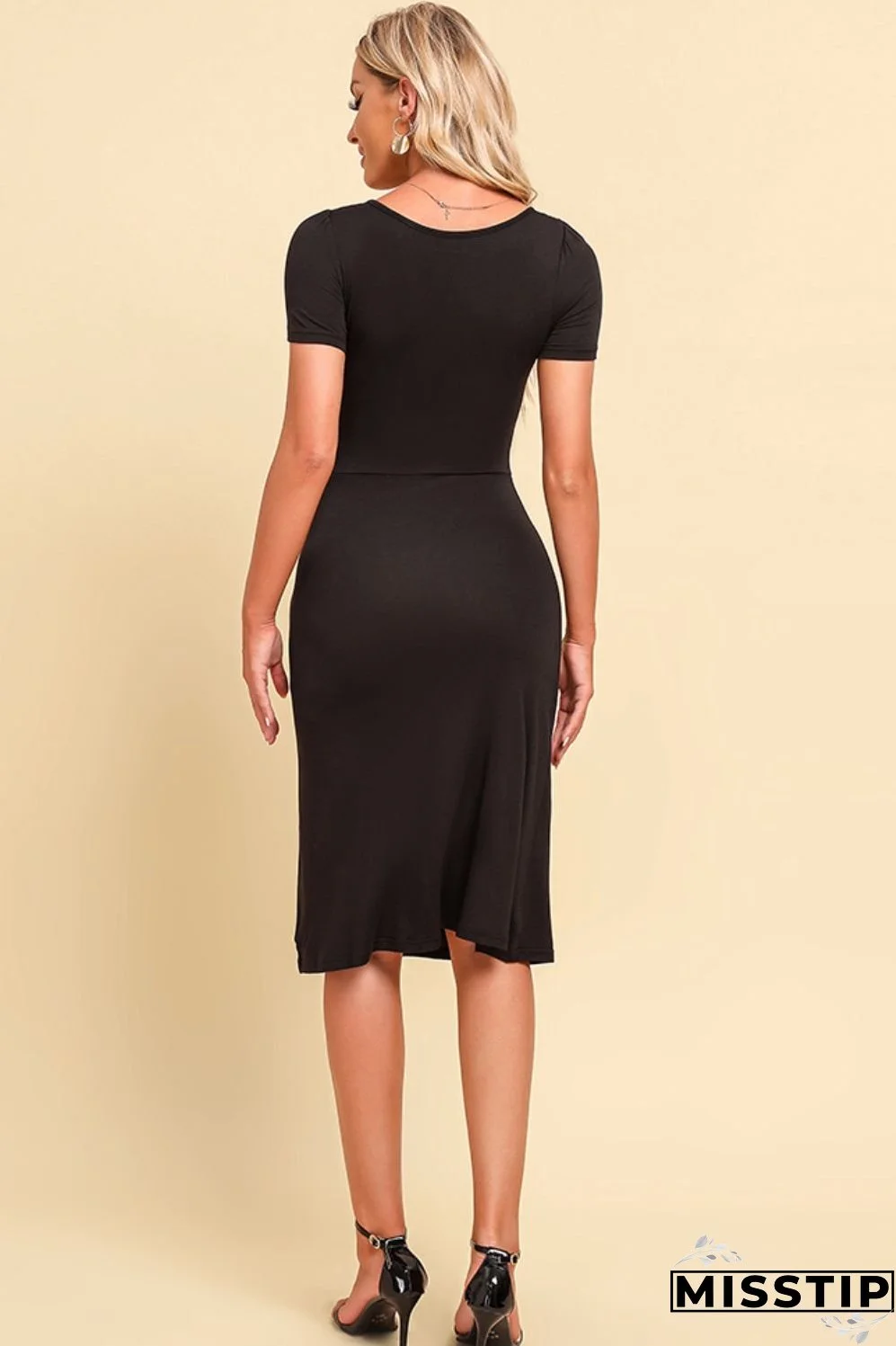 Ruched Sweetheart Neck Short Sleeve Slit Dress