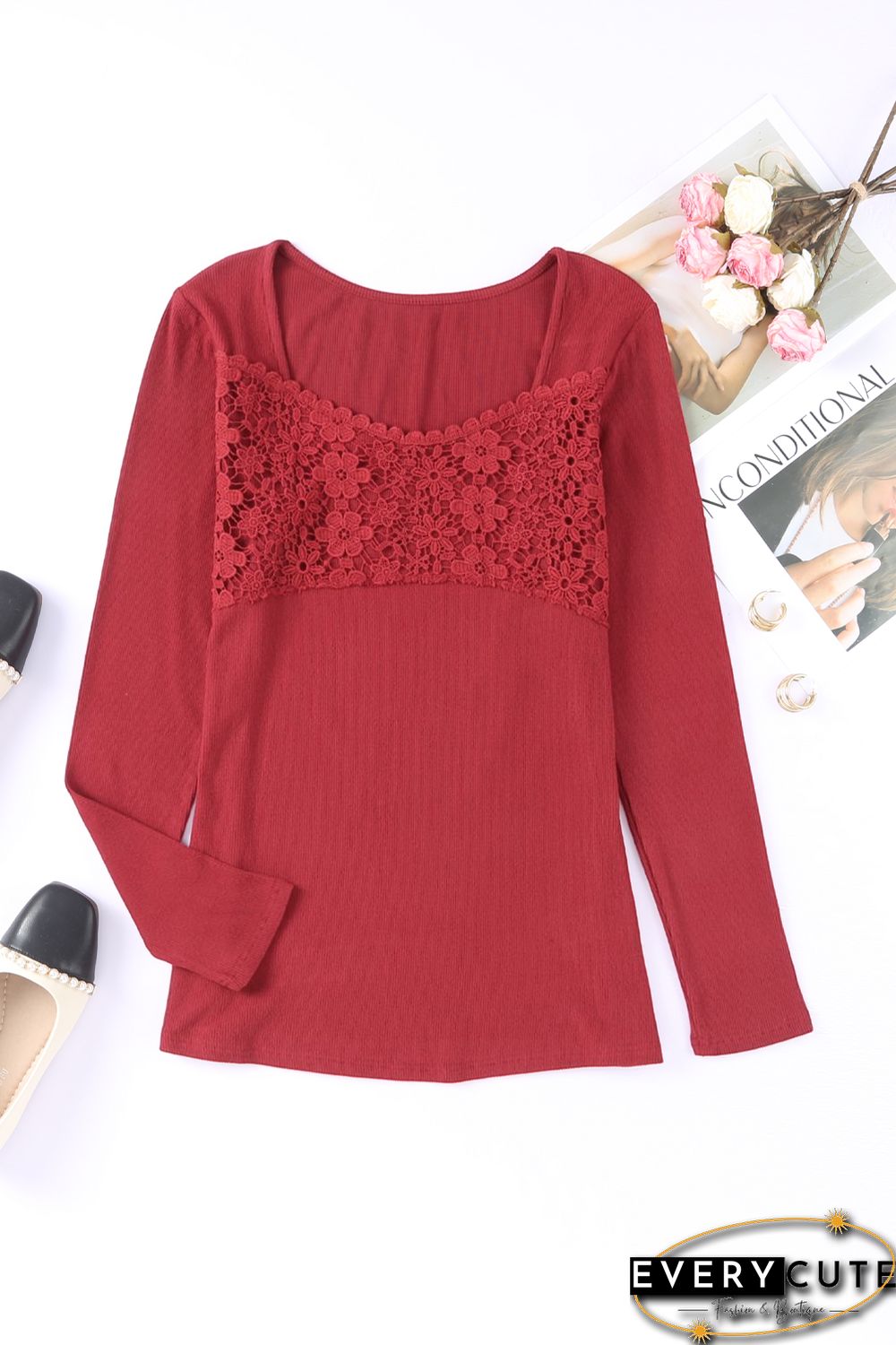 Red Lace Crochet V Neck Long Sleeve Top