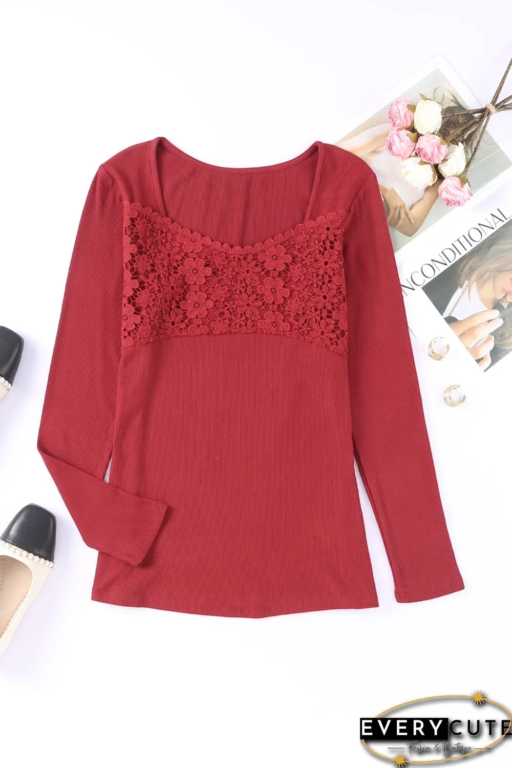 Red Lace Crochet V Neck Long Sleeve Top