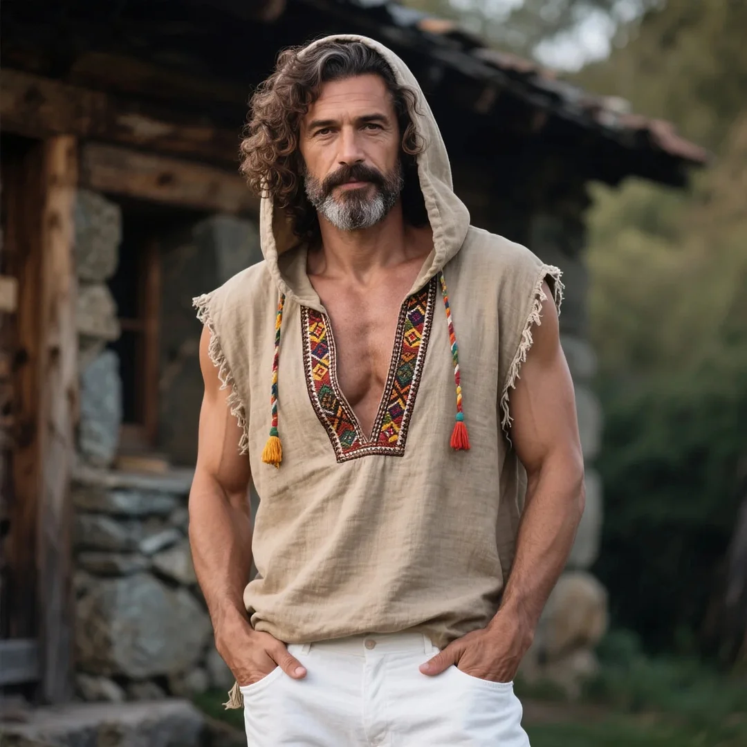  Bohemian Sleeveless Hoodie with Embroidered Details for Men-inspireuse