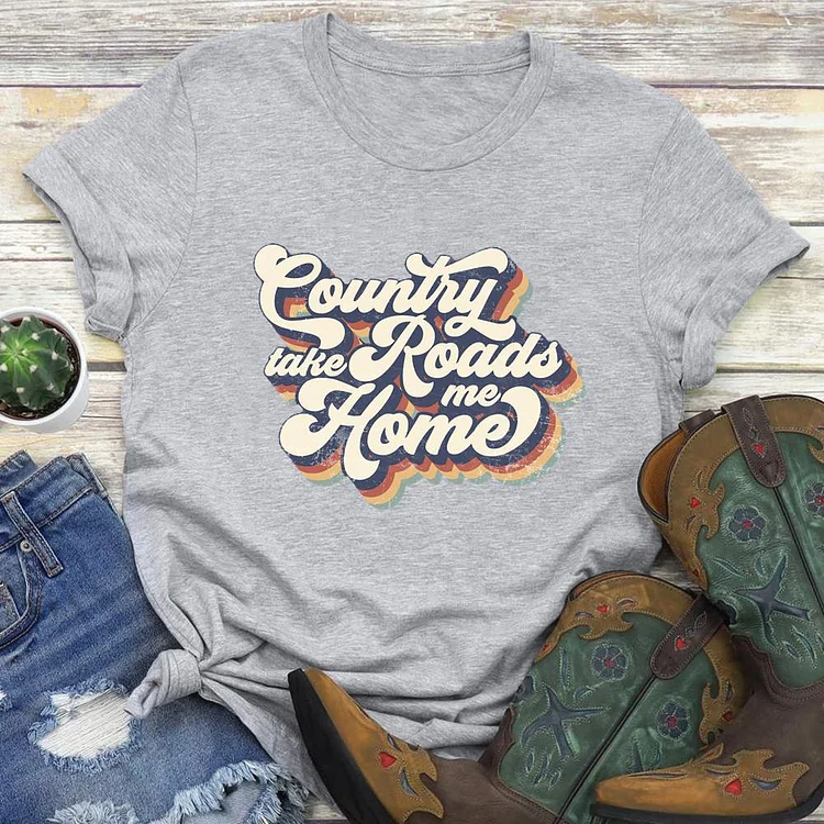 Retro Country Roads Take Me Home Round Neck T-shirt