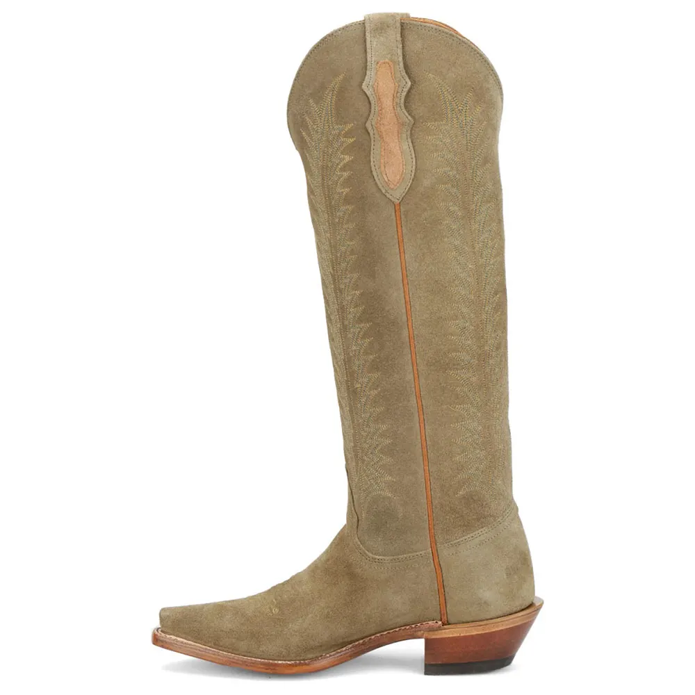 Khaki Chunky Heel Embroidered Knee High Cowboy Boots for Women