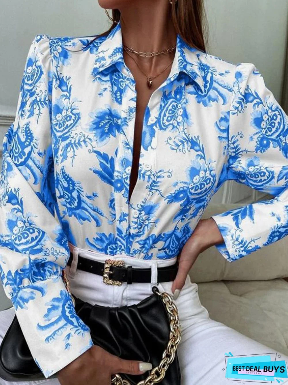 Floral Shirt Collar Casual Blouse