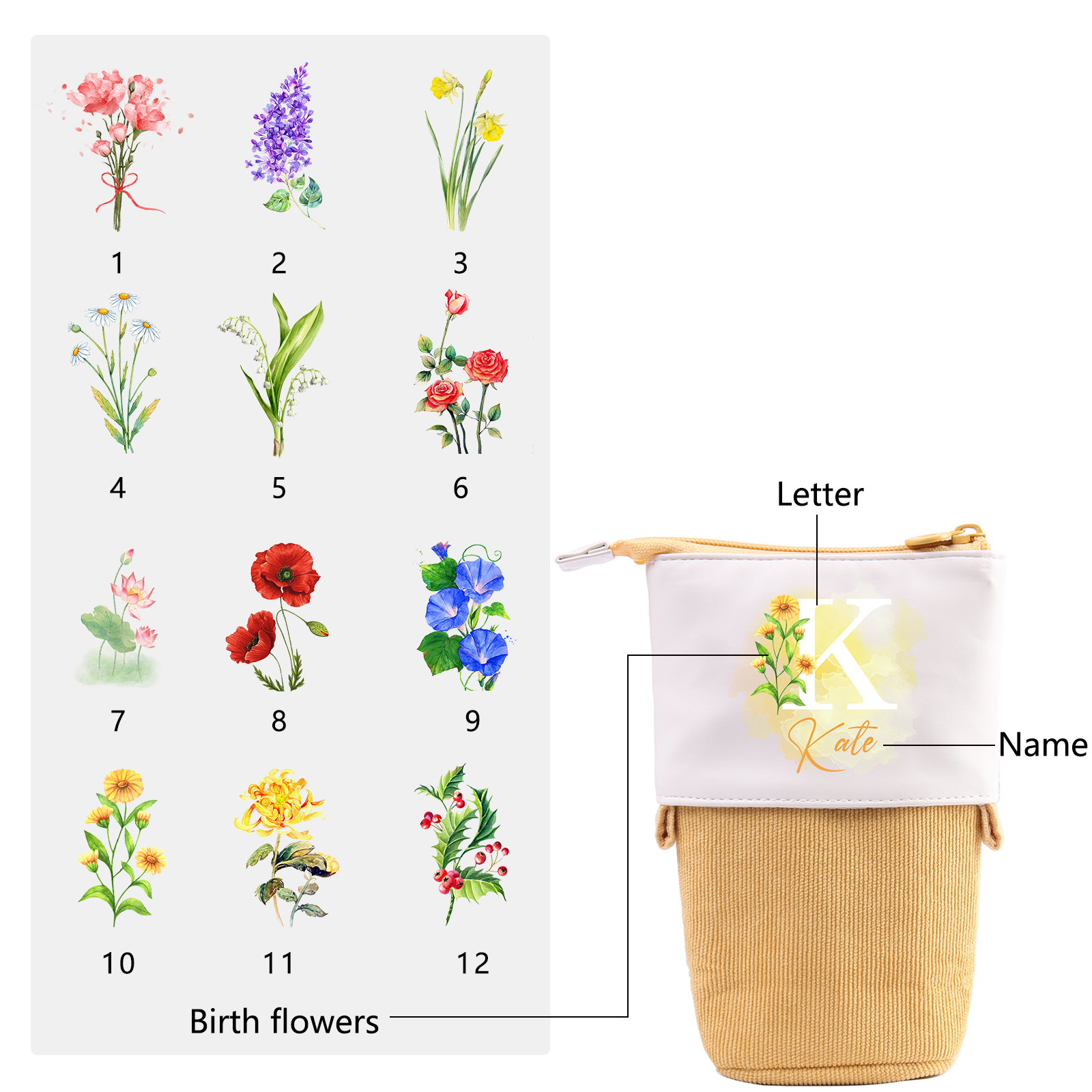 Astuccio per matite personalizzato con 1 nome e 1 lettera e 1 fiore di nascita regalo per scuola elementare bambini