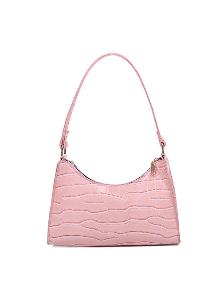 Fashion Alligator PU Handbag Women Solid Tote Elegant Shoulder Bag (Pink)