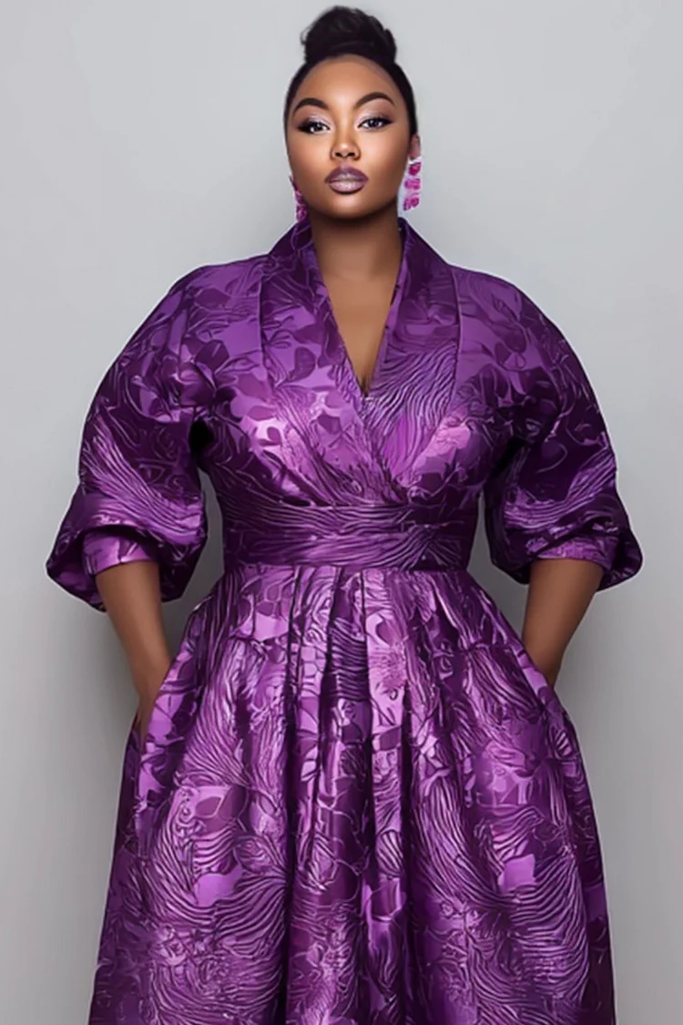 Xpluswear Design Plus Size Formal Purple All Over Print V Neck Half Sleeve Pocket Elegant Maxi Dresses [Pre-Order]