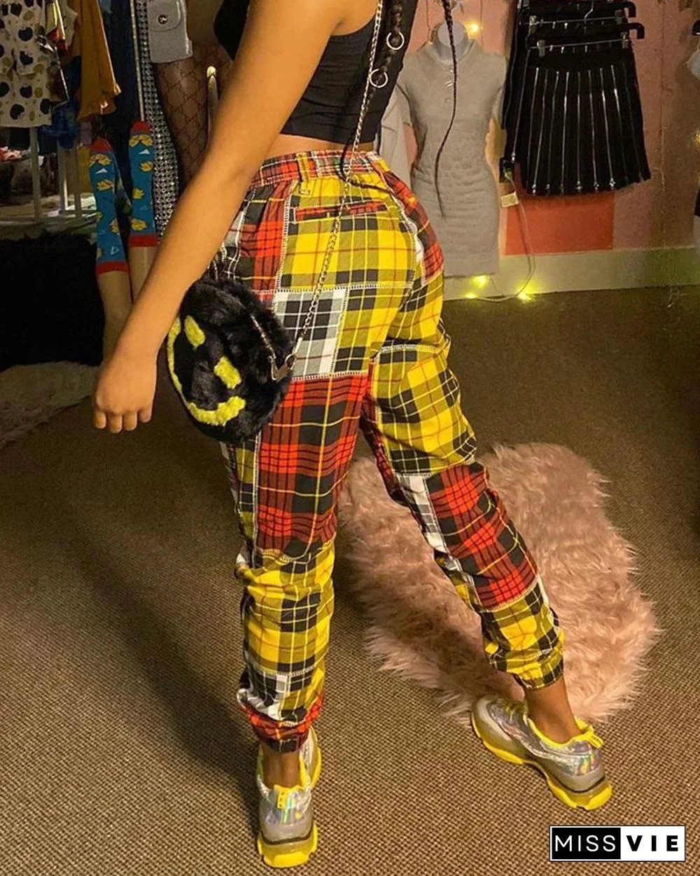 Casual Color Block Plaid Pencil Pants