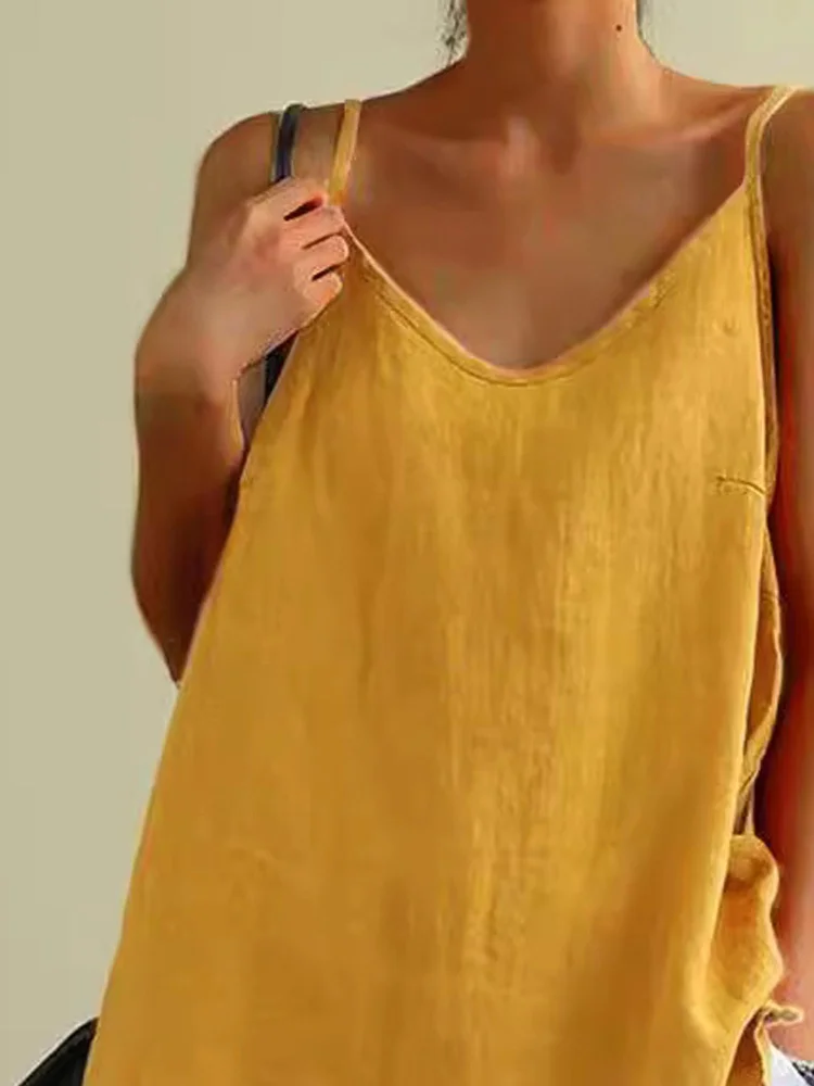 Women's Cotton-Linen Blend Sleeveless Tank Top - Casual Summer Spaghetti Strap Shirt With Exposed Shoulder Design, Breathable Solid Color Regular Fit Top For Casual Attire, Spaghetti Strap Tank To