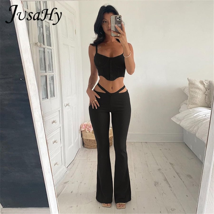 JuSaHy Autumn Solid Casual Elegant Women's Two Pieces Sets Tank Crop And Flare Pants Matching Outfits Simple Streetwear New
