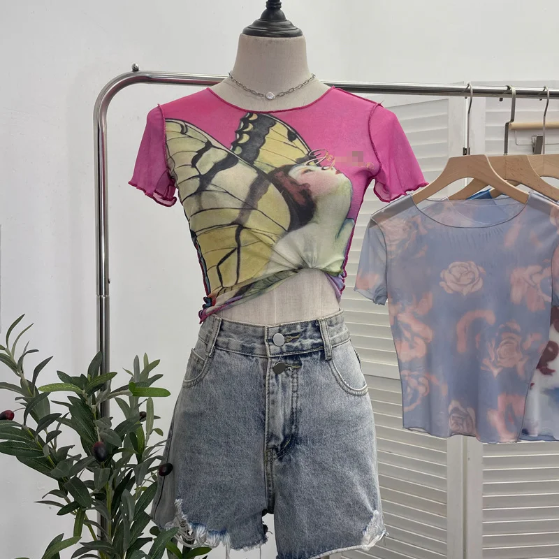 Uveng Single-Layer Thin Mesh Tie-Dye-Repair Short-Sleeved T-Shirt For Girls Summer Short-Sleeved Hottie Top 9917