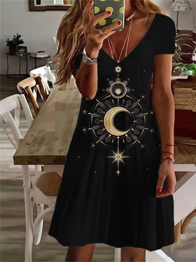 Mystical Moon Totem Deep V Neck Midi Dress