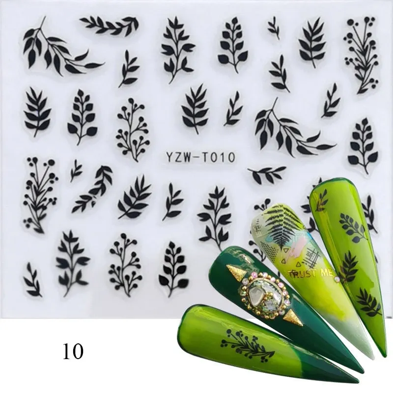 1 Sheet 3D Stickers For Nails Black Letter Leaf Flower Patterns Slider Nail Art Manicure Adhesive Tips Decals DIY Decorations-Nail Inspo