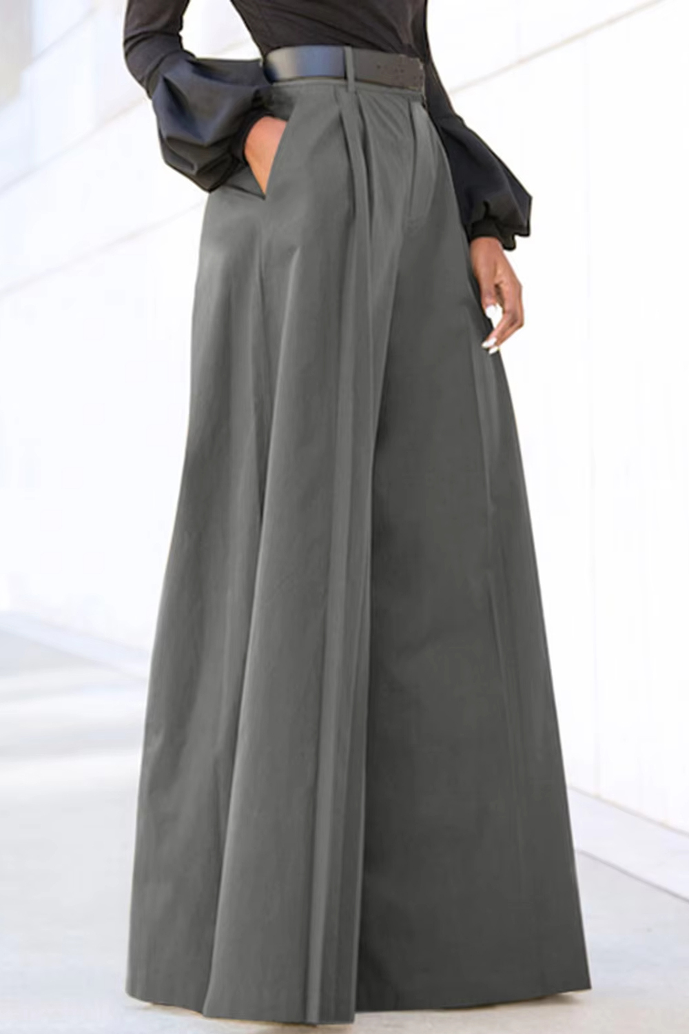 Plus Size Formal Gray Pleated High Rise Pocket Wide Leg Pants 2024 - Flycurvy 