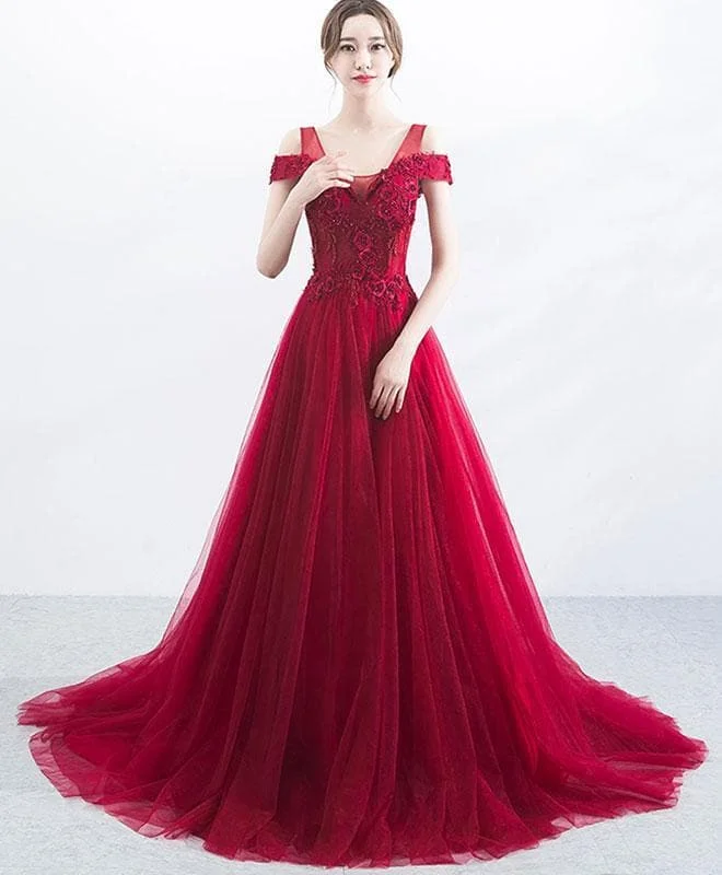 Burgundy V Neck Tulle Lace Applique Long Prom Dress, Burgundy Evening Dress