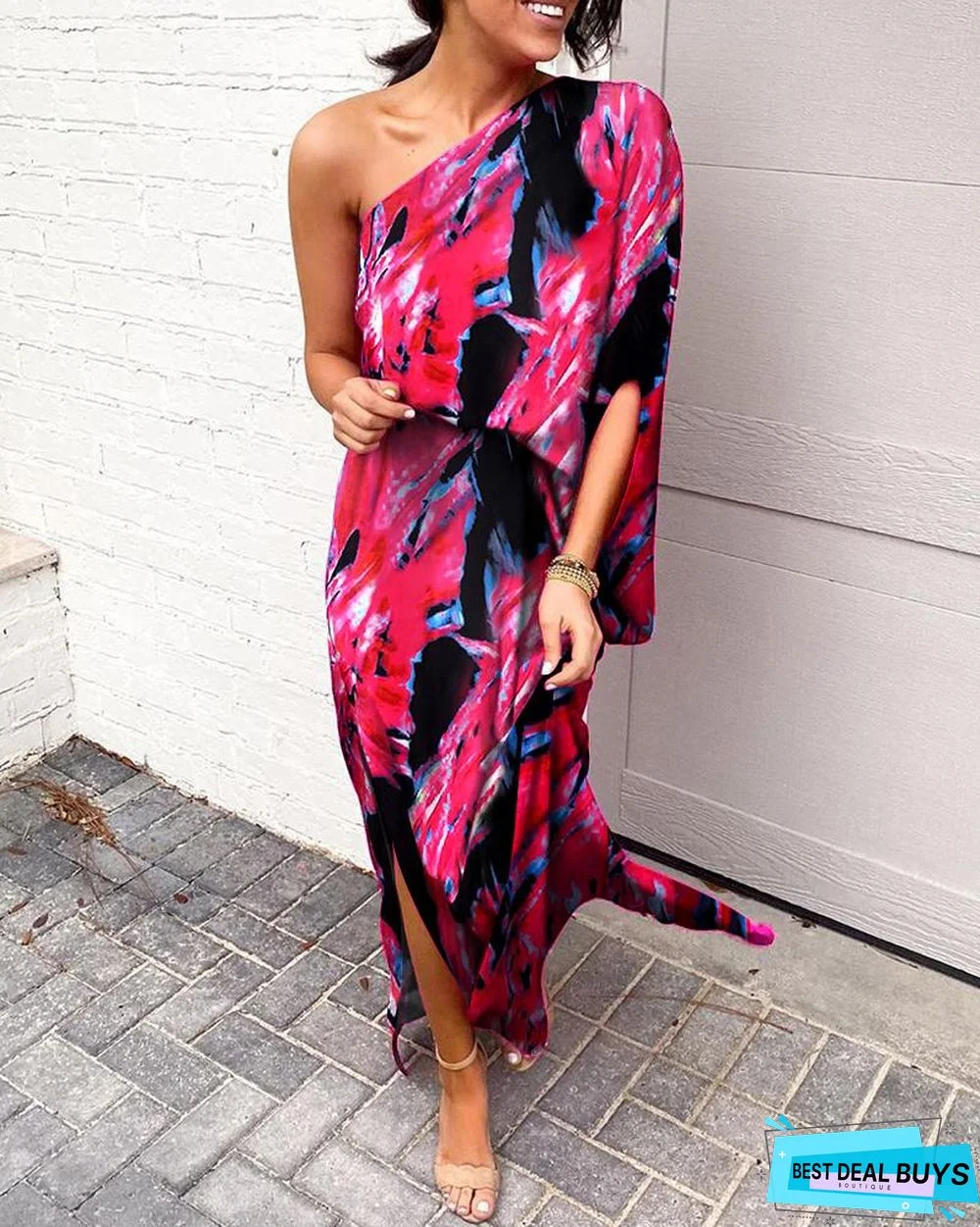 Colorful Print One Shoulder Slit Dress