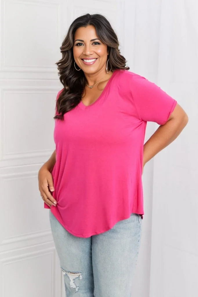Zenana Everyday Loose Fit V-Neck Top in Hot Pink