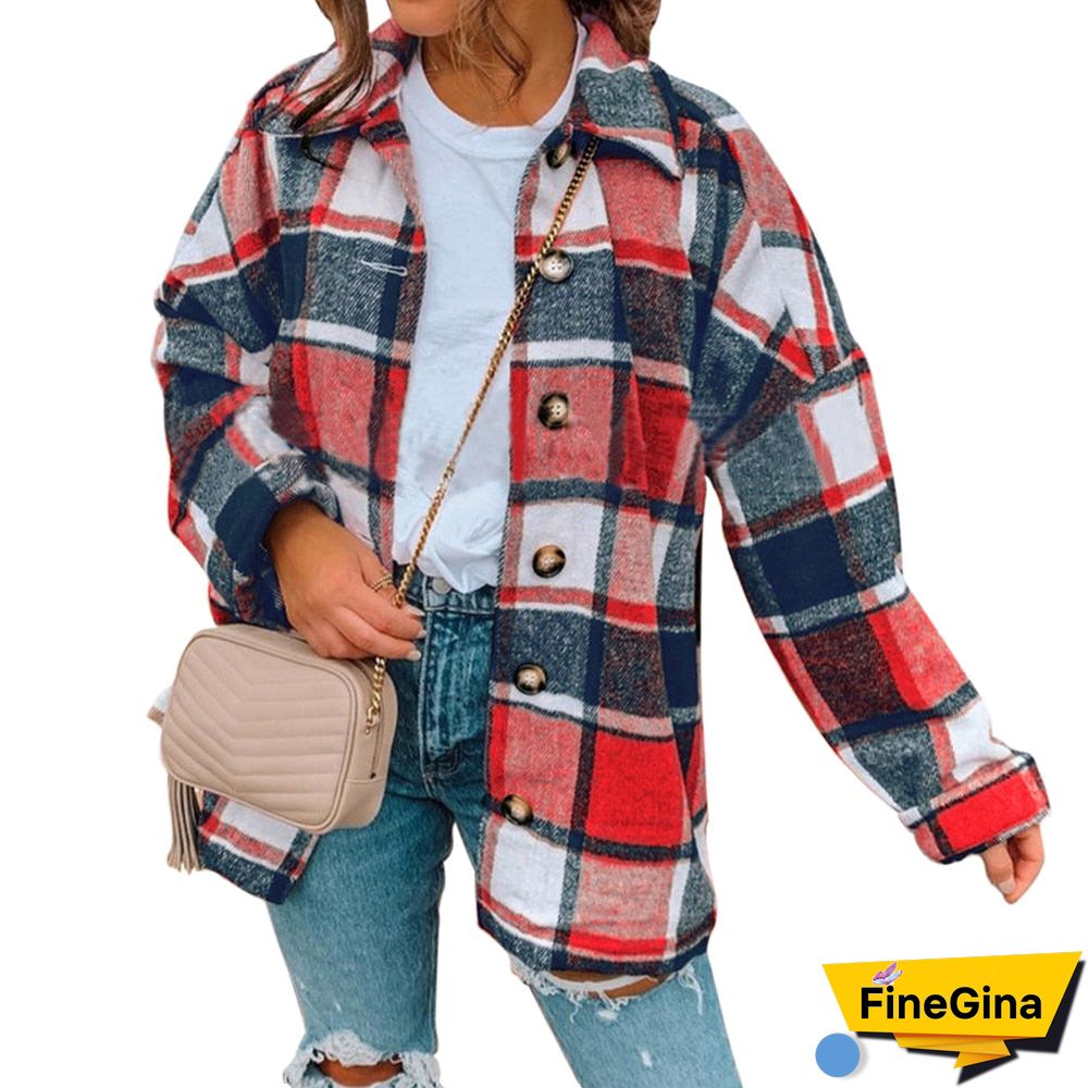 Hot Sale Women Fashion Plaid Shirt Jackets Turn-Down Collar Autumn Oversized Jacket Fashion Loose Coat Streetwear Female Outwear