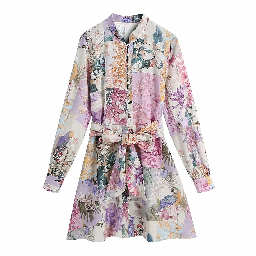 Women Elegant Spring Summer Basic Floral Print Boho Dress Cute Bow Sashes New Long Sleeve Mini Dress Bodycon Button-up Vestidos