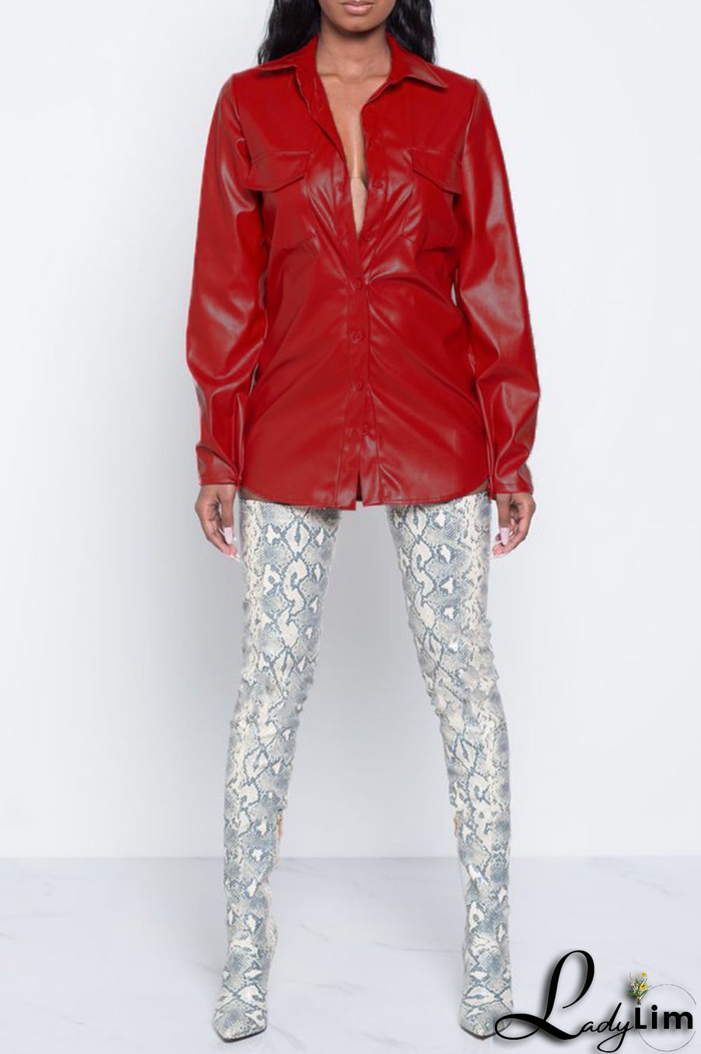 Red Fashion Casual Solid Basic Turndown Collar Tops