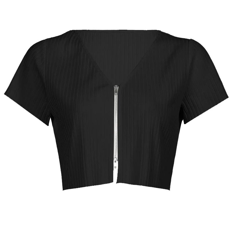 HEYounGIRL Zipper Casual Loose Long Sleeve Cropped Tshirt Autumn Fashion V Neck Crop Top T Shirt Women Chic Cotton Streetwear