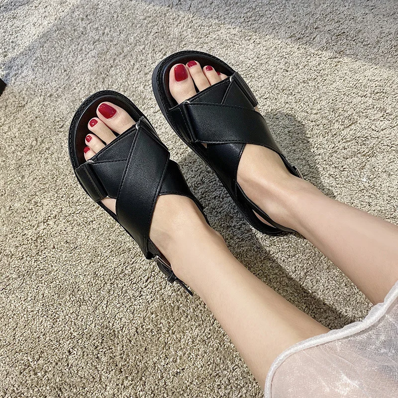 Breakj Breakj Summer New Korean Version Of Casual Cross-Word Dew-Sleeve Thick-Soled Flat Sandals Women's Shoes Roman Shoes