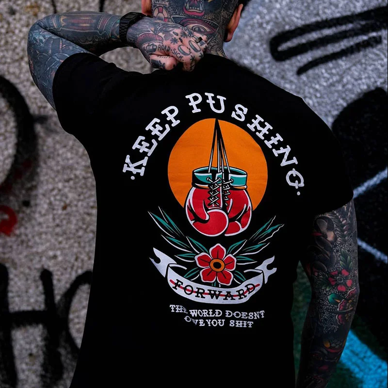 KEEP PUSHING Heart and Flower Graphic Black Print T-shirt