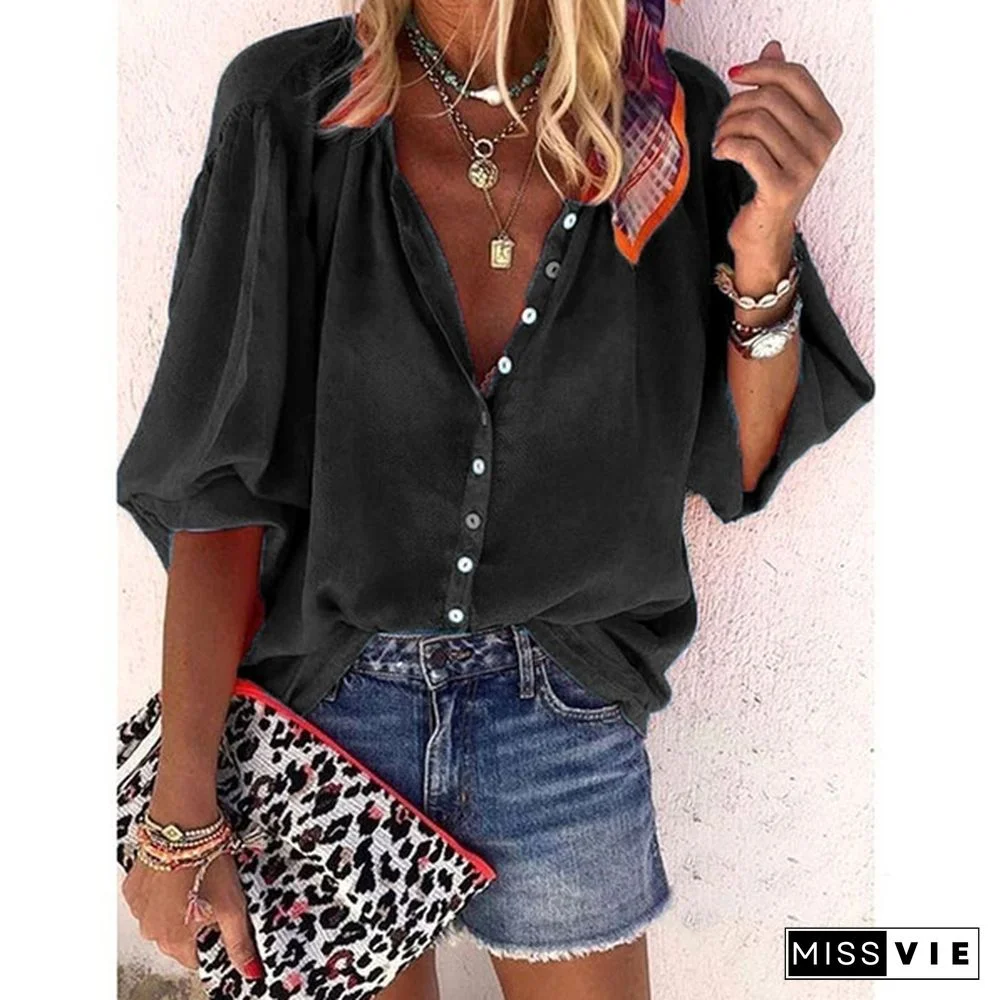 Spring Summer Tops Plus Size Fashion Clothes Women's Causal Long Sleeve Tee Shirts Solid Color Loose T-shirts Ladies Button Up Shirts Deep V-neck Pleated Chiffon Blouses XS-8XL