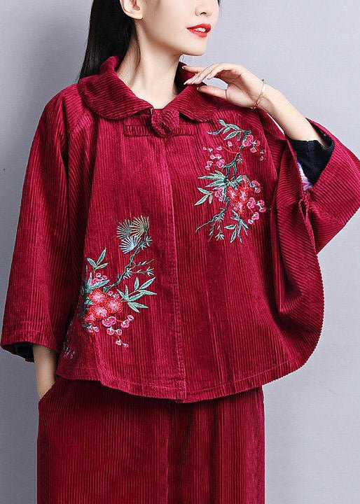 Chic Mulberry Peter Pan Collar Embroideried Corduroy Coats Cloak Sleeves