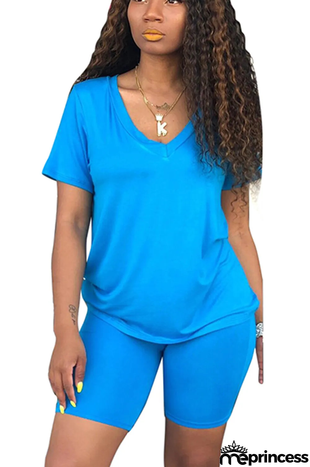 Blue Milk Silk Casual Sexy Solid Two Piece Suits pencil Short Sleeve