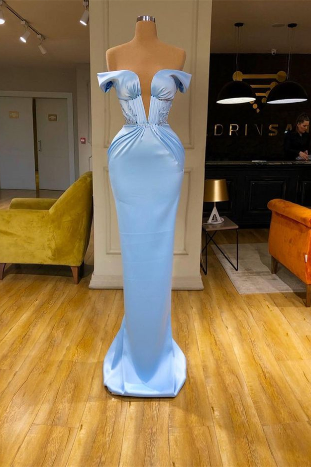 Bellasprom Sky Blue Mermaid Evening Dress Long With Beads Off-the-Shoulder Bellasprom