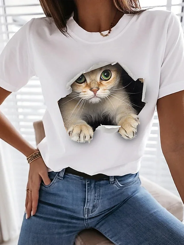 Women's T shirt Funny Tee Shirt White Black Graphic Cat Print Short Sleeve Casual Daily Basic Round Neck Regular