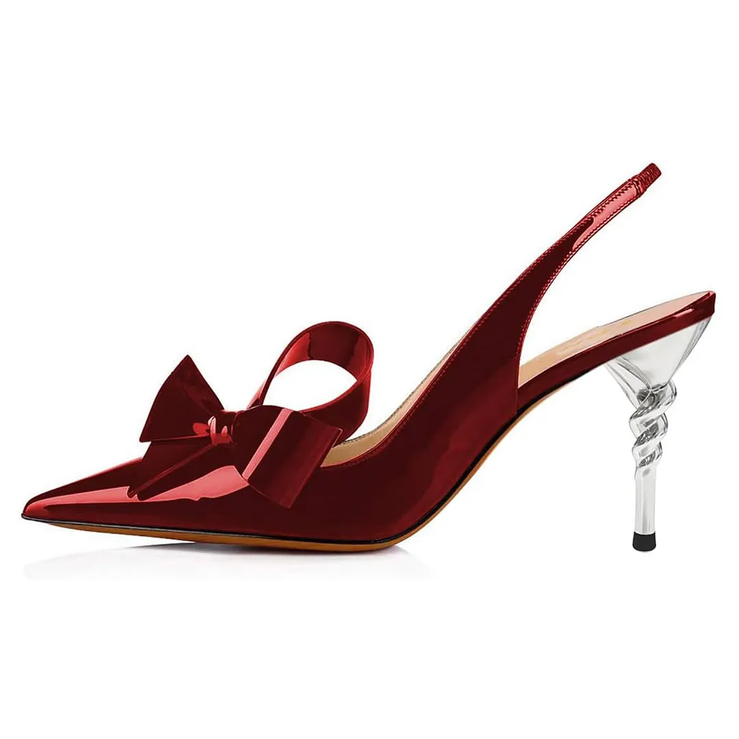 Red Pointed Toe Bow Decorative Heel Slingback Pumps for Women