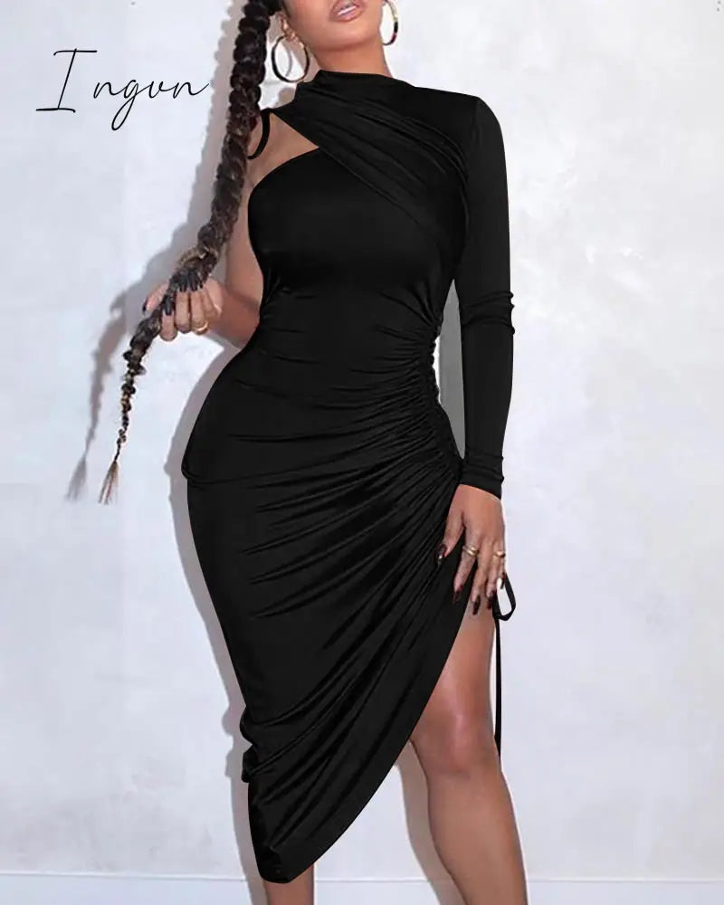 Ingvn - Sexy One Shoulder Drawstring Ruched Bodycon Dress Women Solid Long Sleeve Mid - Calf Night