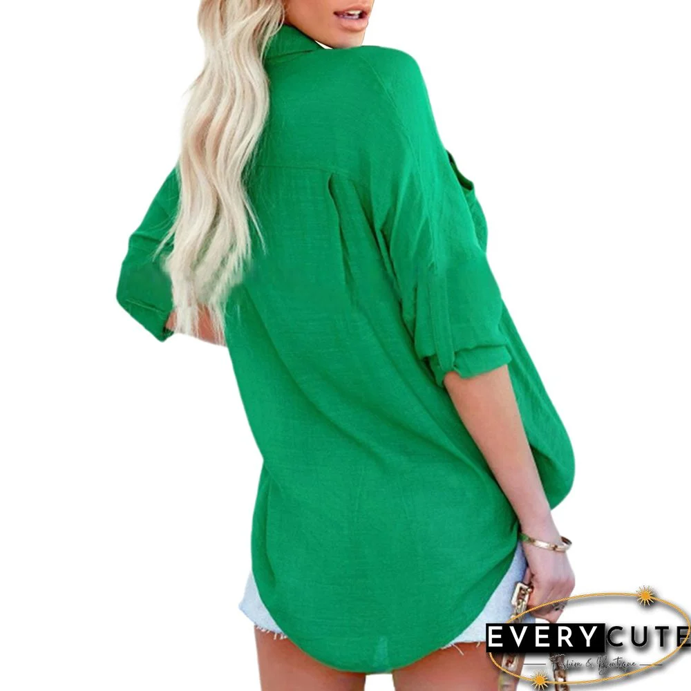 Green Lapel Collar Pocket Button Shirt